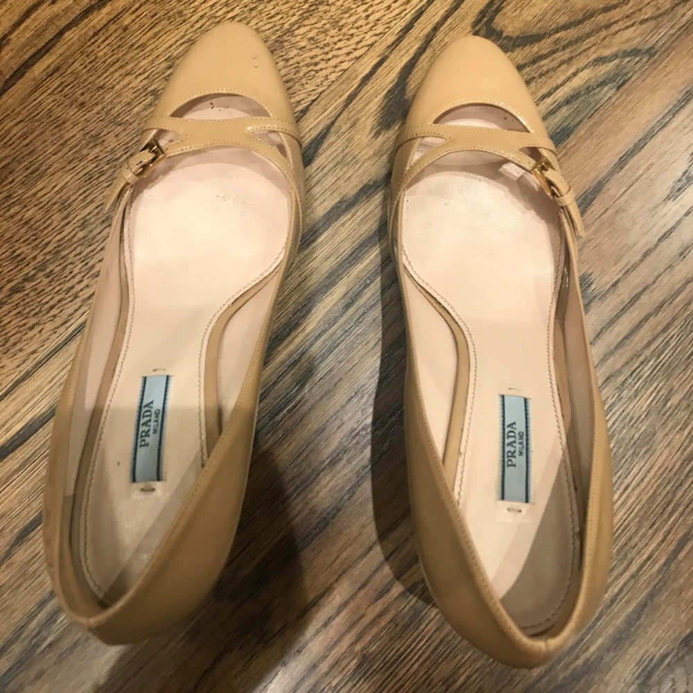Prada Nude Patent Leather Pointed Toe Heels with Gold Accent